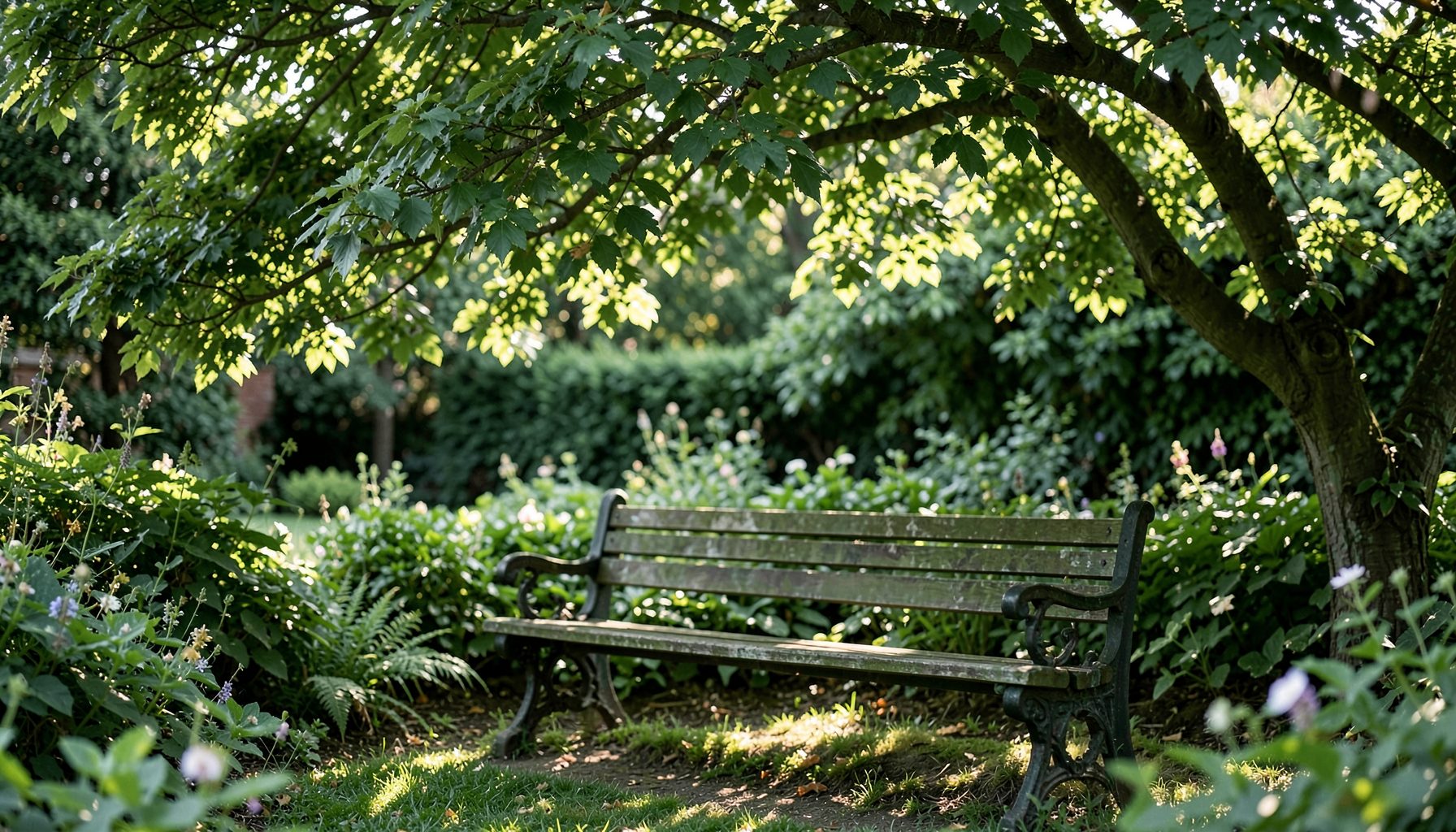 A peaceful garden bench under a leafy tree, dappled sunlight filtering through the branches, tranquil green tones