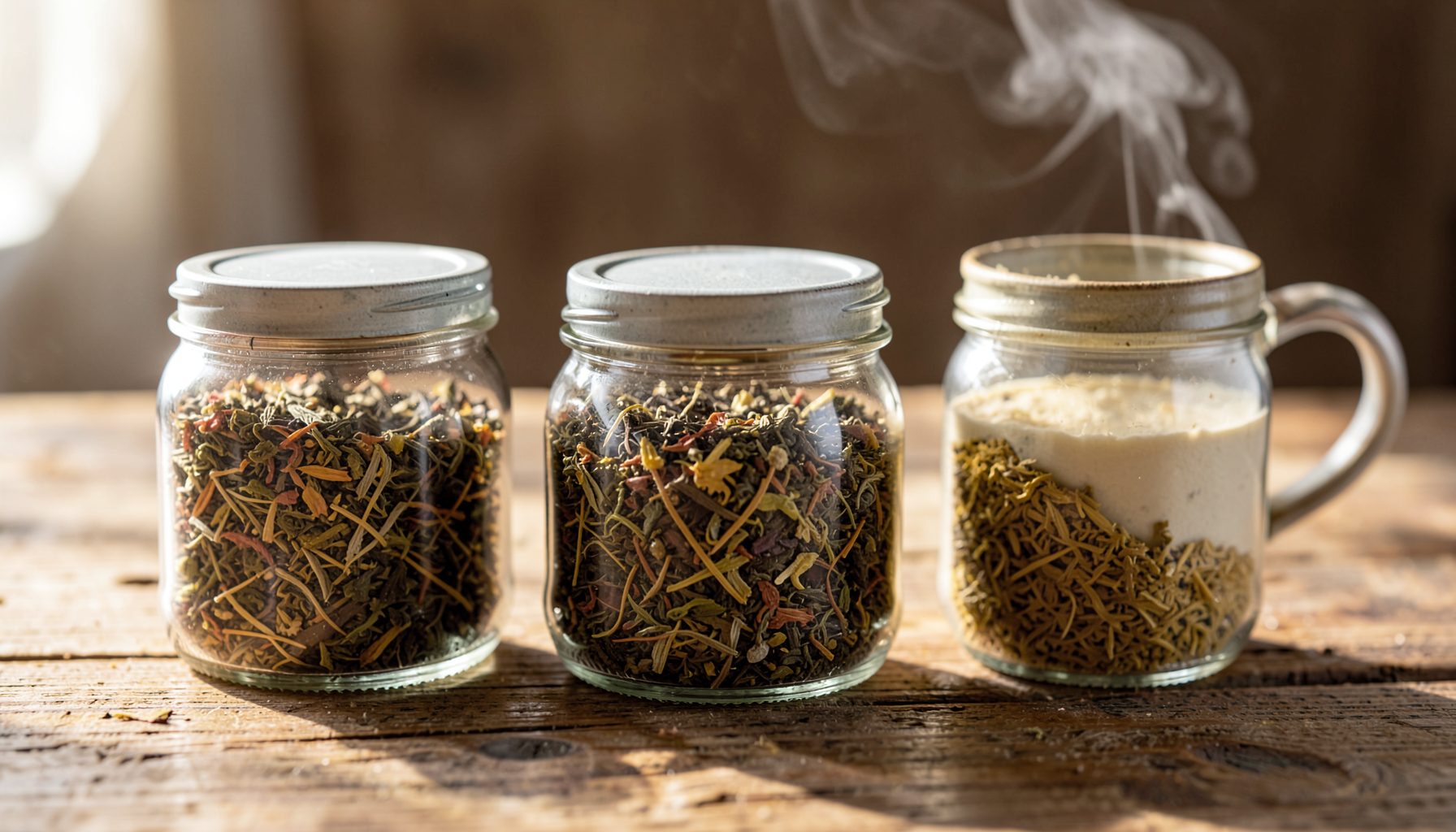 Three glass jars filled with dried herbal tea blends on a rustic wooden table, with a steaming ceramic mug in the background