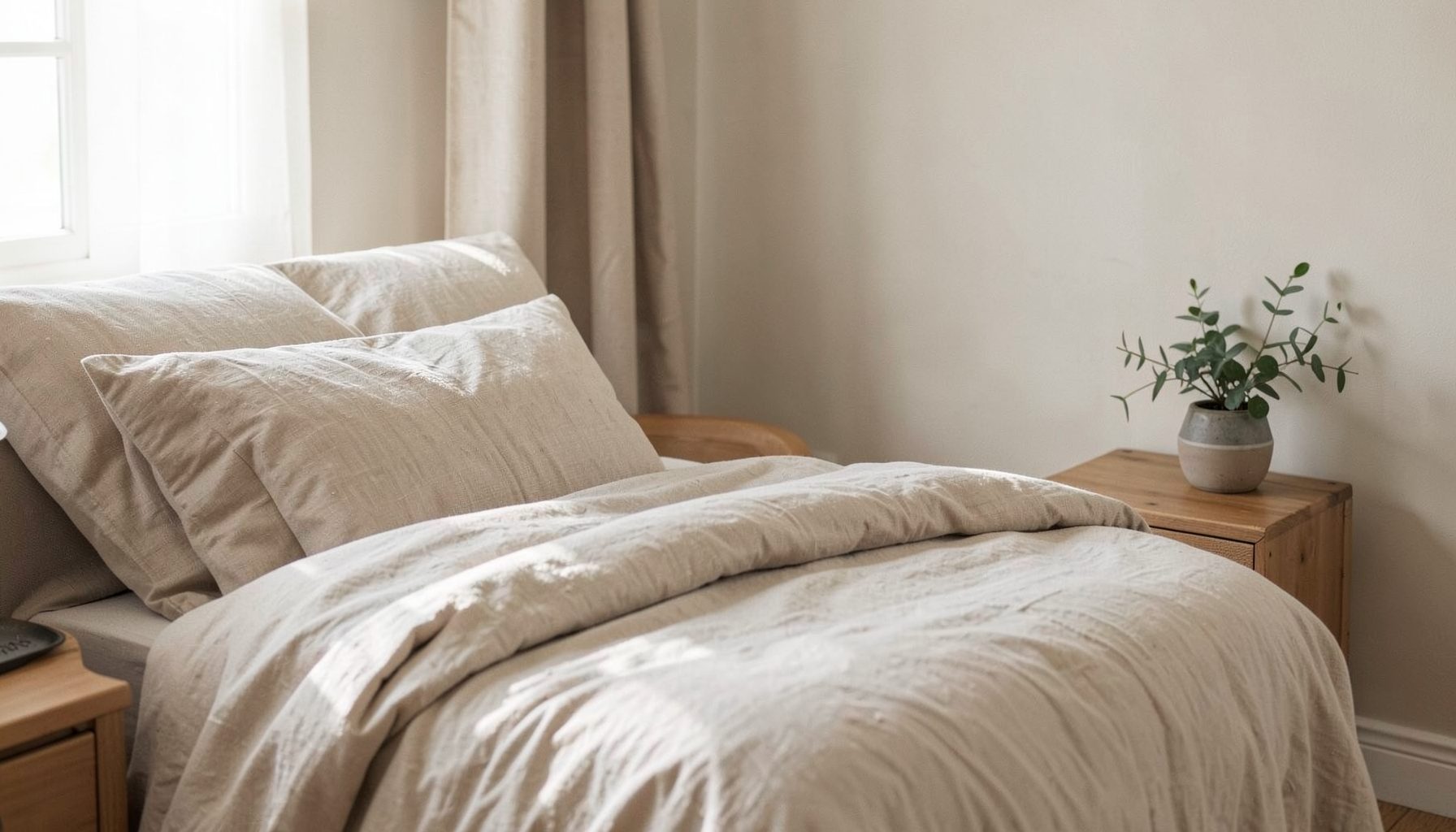 A serene bedroom corner with soft natural light, a neatly made bed with linen bedding, and a small plant on the nightstand, calm and restful mood