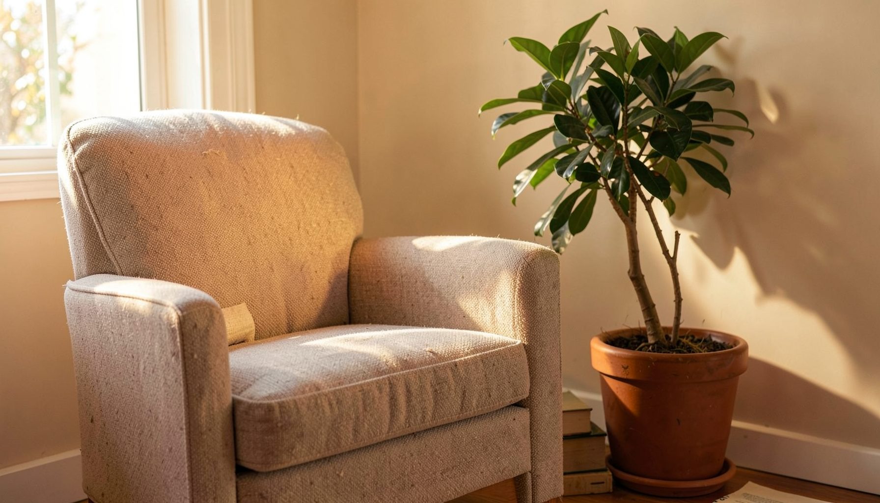 A sunlit reading nook with a comfortable armchair, a stack of books, and a potted plant, warm and serene atmosphere
