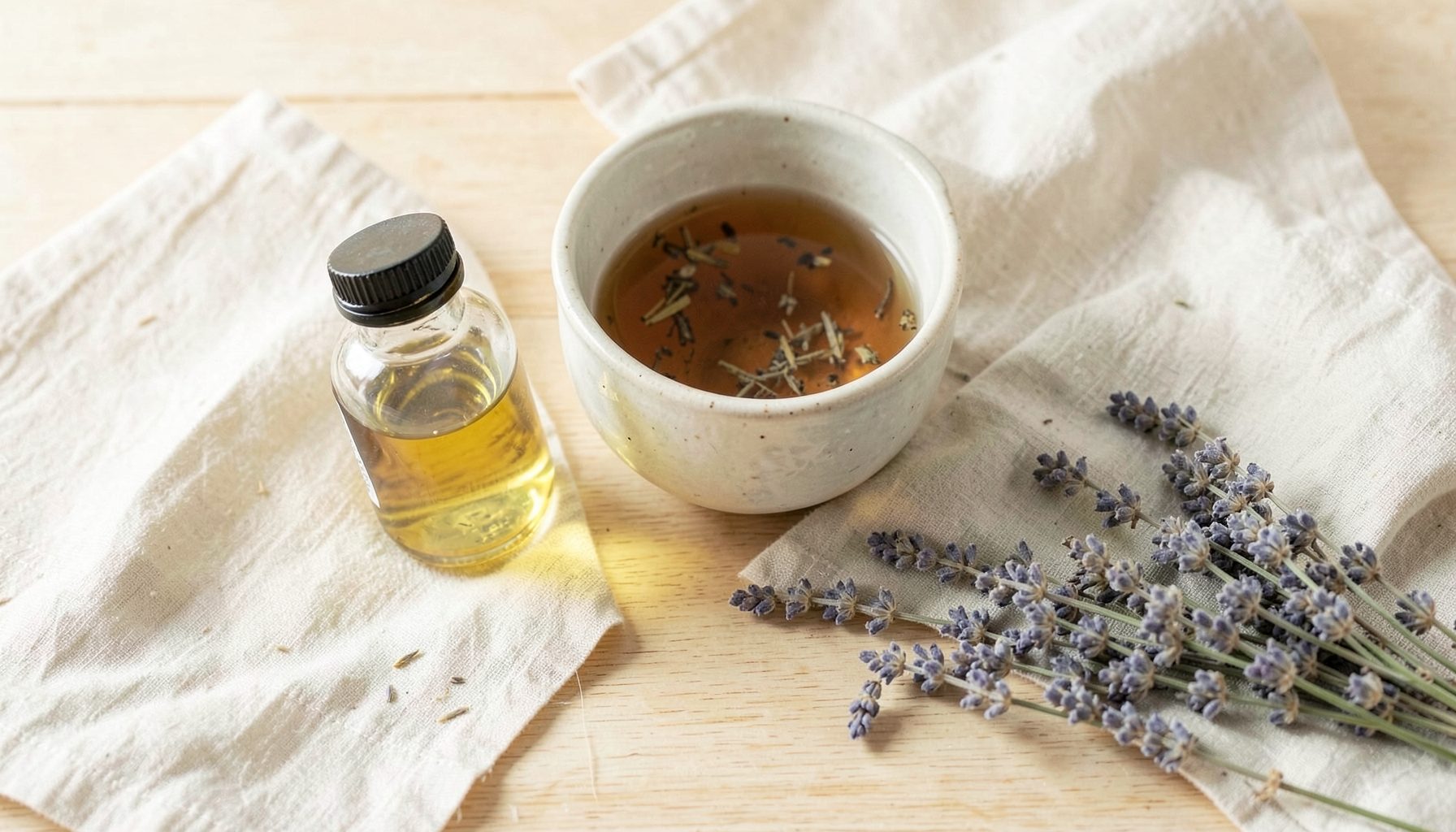 A warm, softly lit flat-lay arrangement of natural wellness products on a light wooden surface