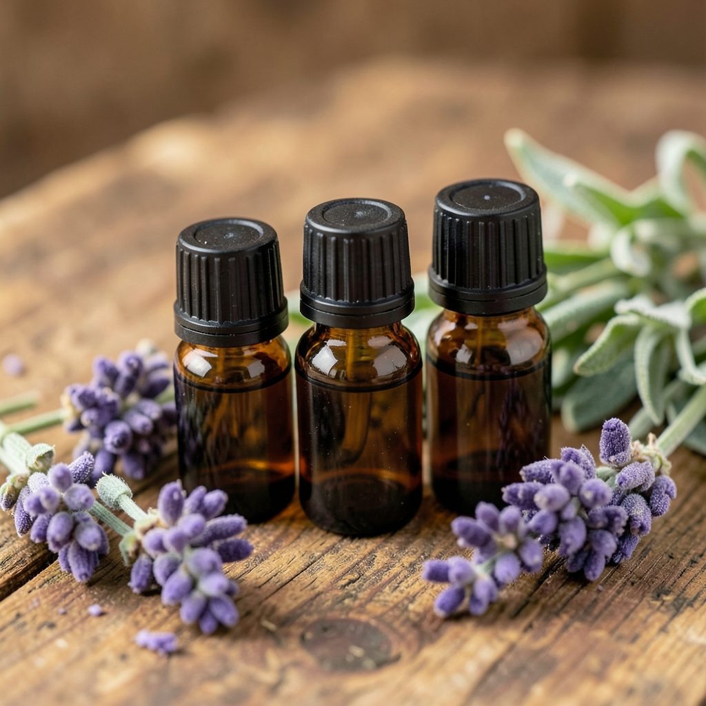 Small amber glass bottles of essential oils arranged on a wooden surface with fresh lavender sprigs, warm earthy tones
