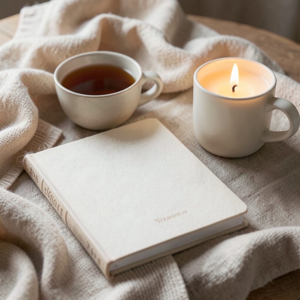 A soft cotton wellness journal and a calming candle beside a cup of tea, cozy and inviting atmosphere