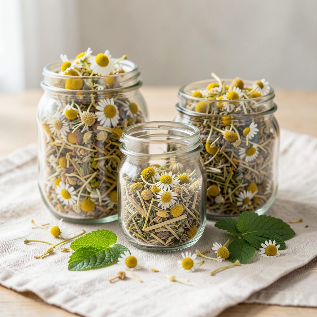 Dried herbal tea blends in glass jars with loose chamomile flowers and mint leaves scattered on a linen cloth, soft natural light