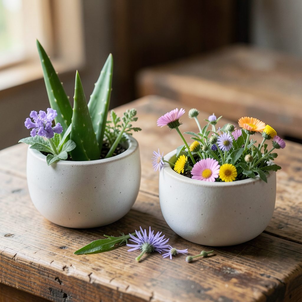 Natural skincare products in ceramic pots with botanical ingredients like aloe and calendula, set on a rustic table