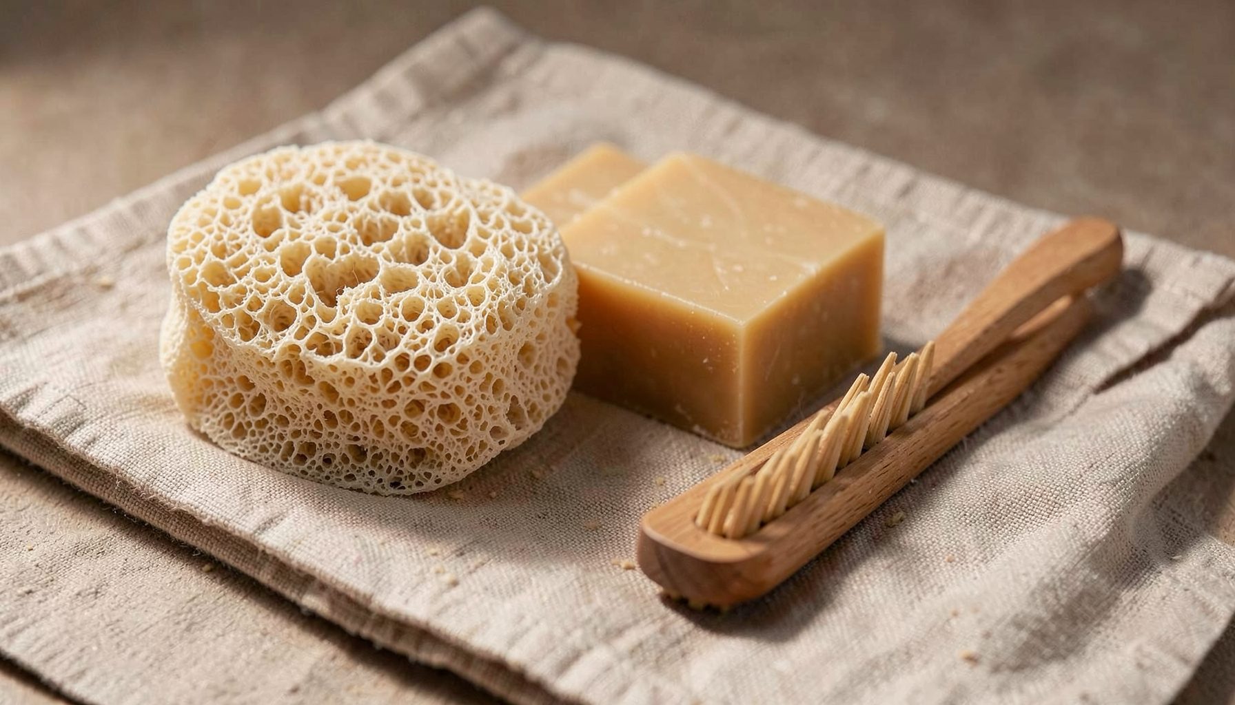 A natural loofah sponge, a bar of handmade soap, and a wooden dish brush resting on a folded beige towel, with soft shadows and warm neutral tones