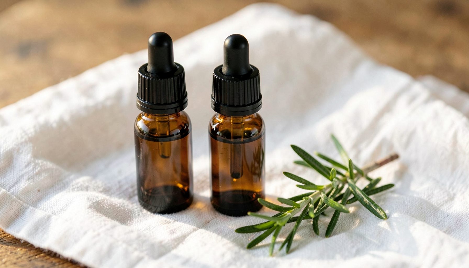 Three small amber glass essential oil bottles with dropper caps arranged on a white linen cloth beside a sprig of fresh greenery