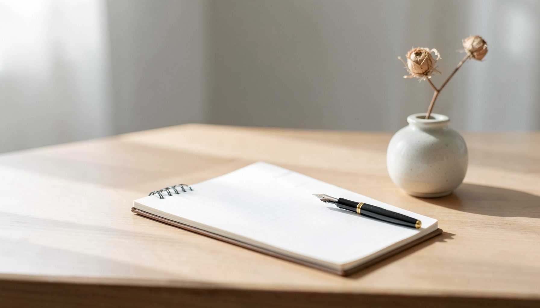 A minimalist desk with a notebook, a fountain pen, and a small vase with a single dried flower, soft natural light